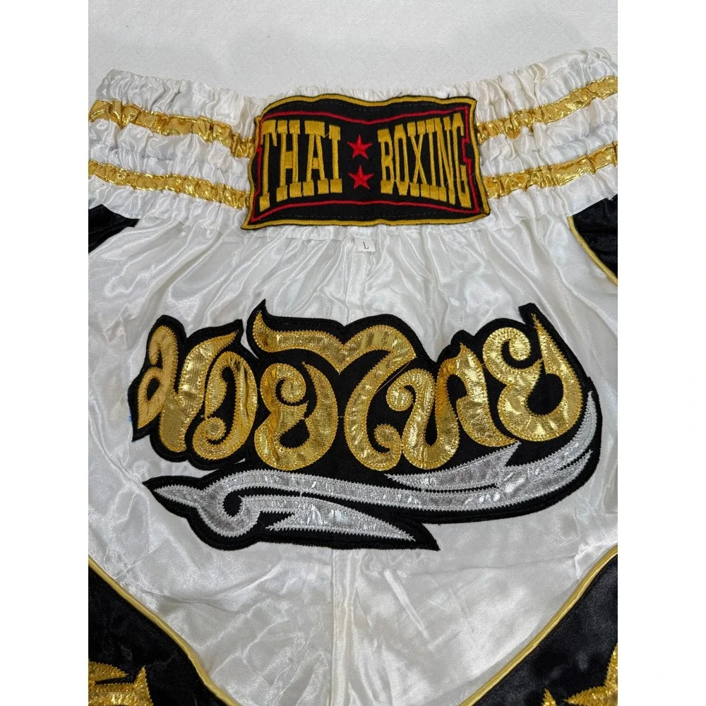 Thai Boxing Muay Thai Shorts Mens L Black White Gold Embroidered EUC